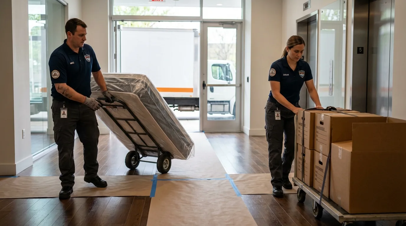 Professional apartment movers loading elevator in Denair, CA